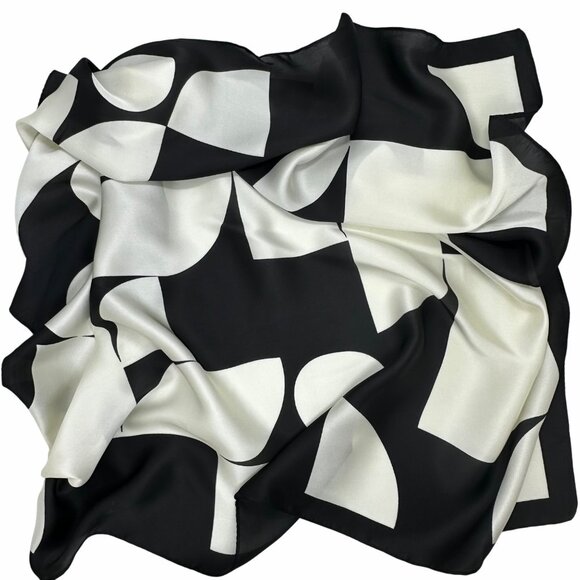 Luxury Silk Feel Scarf Black White Modern Abstract Geometric Square Wrap Bandana - Picture 3 of 5
